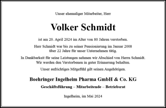 Traueranzeige von Volker Schmidt von Allgemeine Zeitung Bingen/Ingelheim