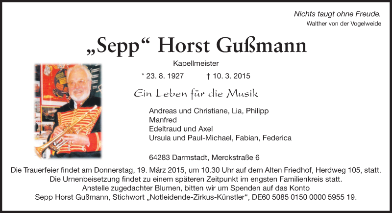  Traueranzeige für Horst Gußmann vom 14.03.2015 aus Echo-Zeitungen (Gesamtausgabe)