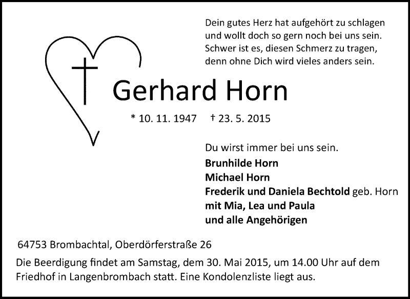  Traueranzeige für Gerhard Horn vom 27.05.2015 aus Odenwälder Echo