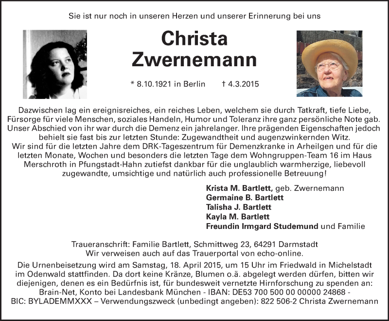  Traueranzeige für Christa Zwernemann vom 14.03.2015 aus Echo-Zeitungen (Gesamtausgabe)