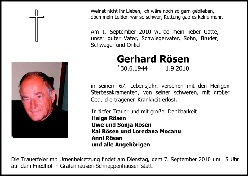  Traueranzeige für Gerhard Rösen vom 04.09.2010 aus Echo-Zeitungen (Gesamtausgabe)