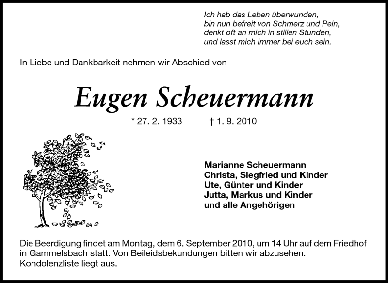  Traueranzeige für Eugen Scheuermann vom 04.09.2010 aus Odenwälder Echo