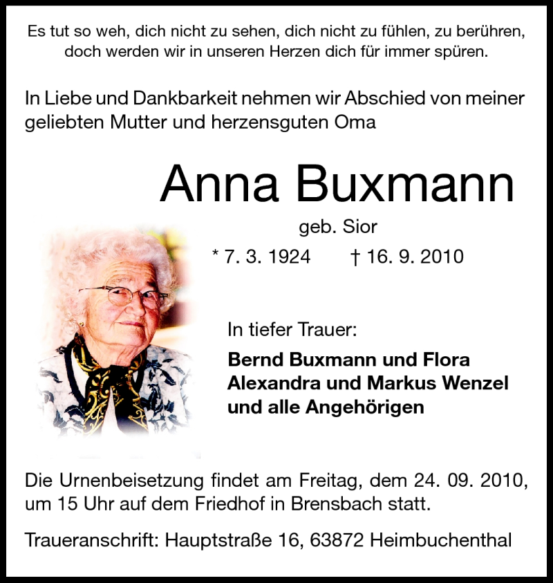  Traueranzeige für Anna Buxmann vom 22.09.2010 aus Odenwälder Echo