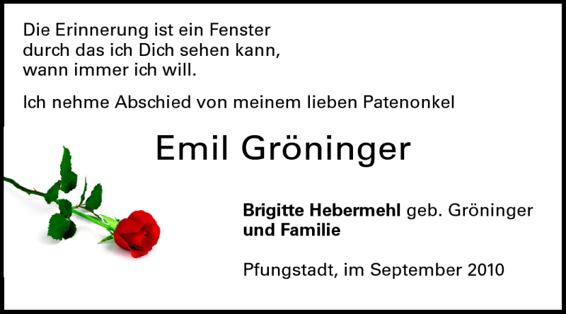  Traueranzeige für Emil Gröninger vom 25.09.2010 aus Echo-Zeitungen (Gesamtausgabe)