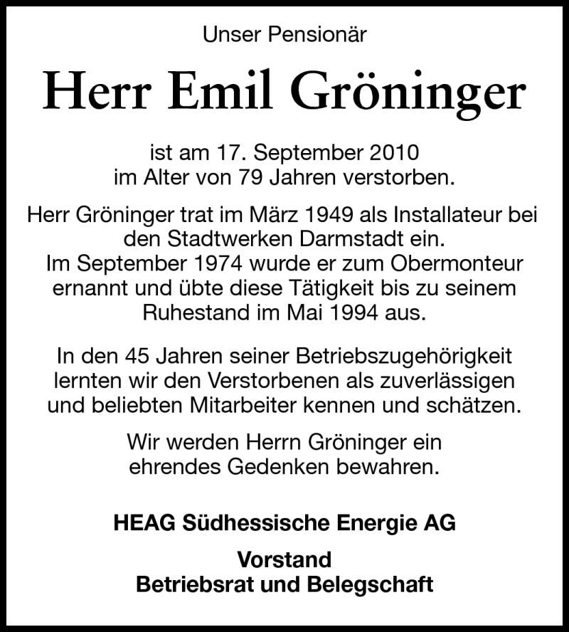  Traueranzeige für Emil Gröninger vom 28.09.2010 aus Echo-Zeitungen (Gesamtausgabe)
