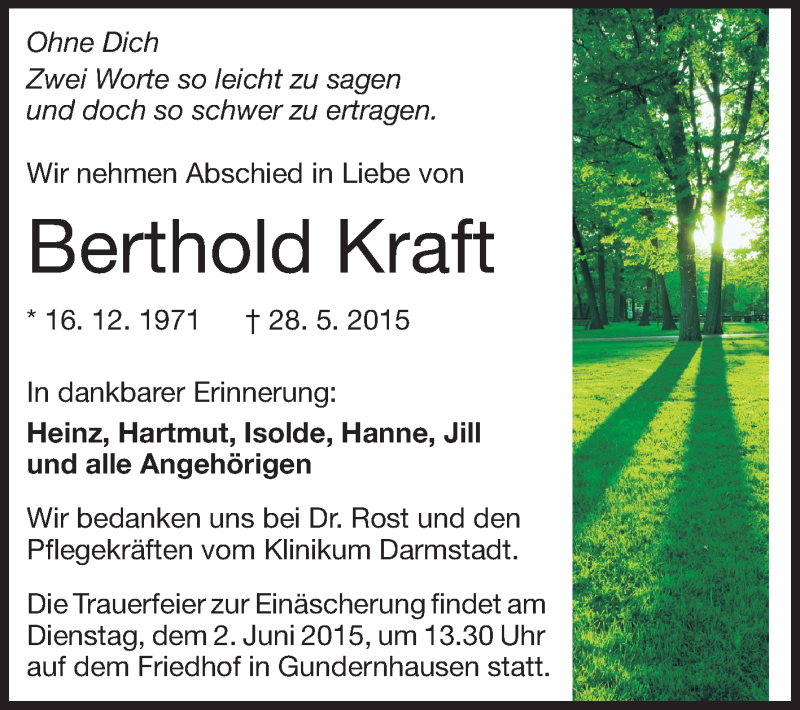  Traueranzeige für Berthold Kraft vom 30.05.2015 aus Echo-Zeitungen (Gesamtausgabe)