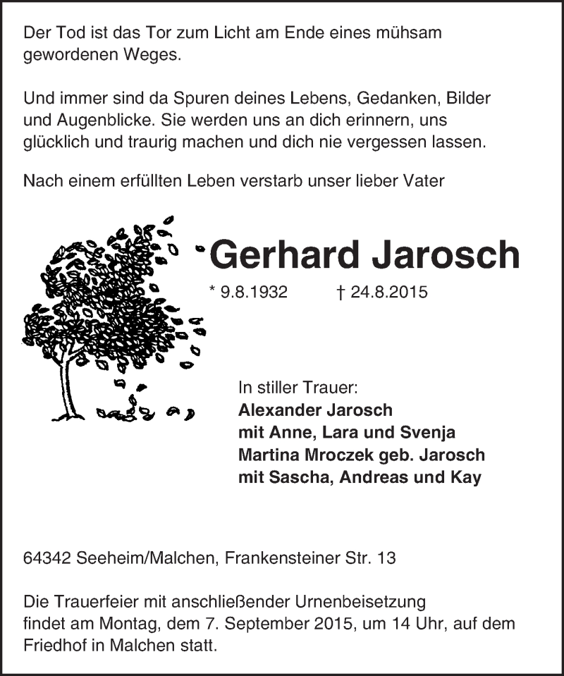  Traueranzeige für Gerhard Jarosch vom 29.08.2015 aus trauer.echo-online.de