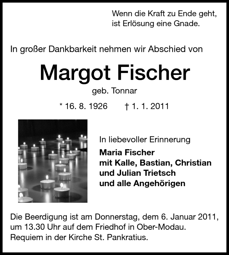  Traueranzeige für Margot Fischer vom 04.01.2011 aus Darmstädter Echo, Odenwälder Echo, Rüsselsheimer Echo, Groß-Gerauer-Echo, Ried Echo