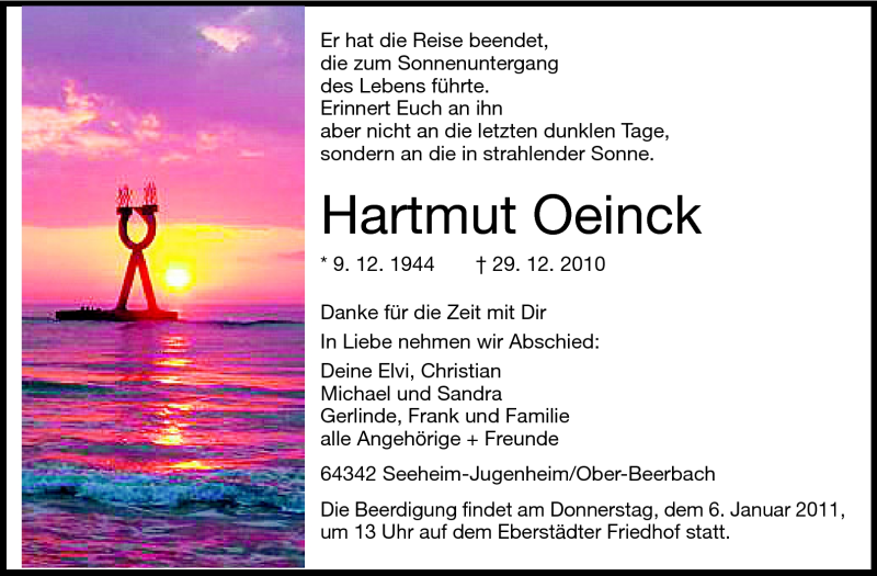  Traueranzeige für Hartmut Oeinck vom 04.01.2011 aus Echo-Zeitungen (Gesamtausgabe)