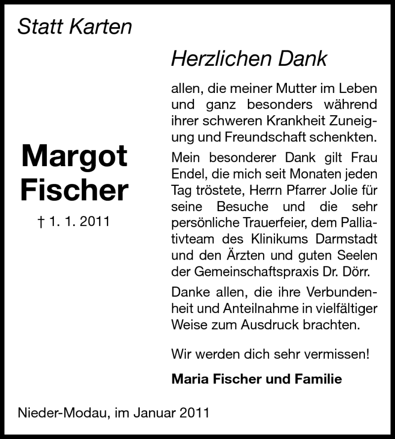  Traueranzeige für Margot Fischer vom 15.01.2011 aus Darmstädter Echo, Odenwälder Echo, Rüsselsheimer Echo, Groß-Gerauer-Echo, Ried Echo
