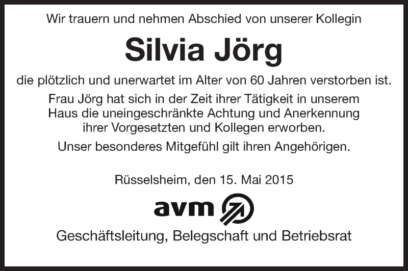  Traueranzeige für Silvia Jörg vom 20.05.2015 aus Rüsselsheimer Echo, Groß-Gerauer-Echo, Ried Echo