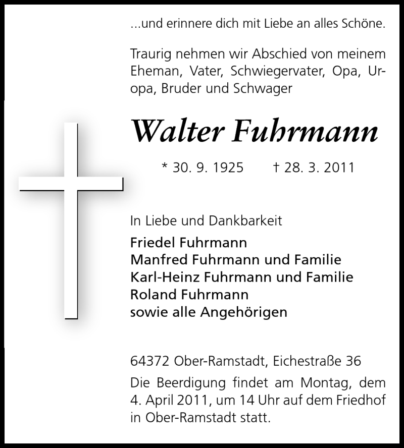  Traueranzeige für Walter Fuhrmann vom 02.04.2011 aus Darmstädter Echo, Odenwälder Echo, Rüsselsheimer Echo, Groß-Gerauer-Echo, Ried Echo
