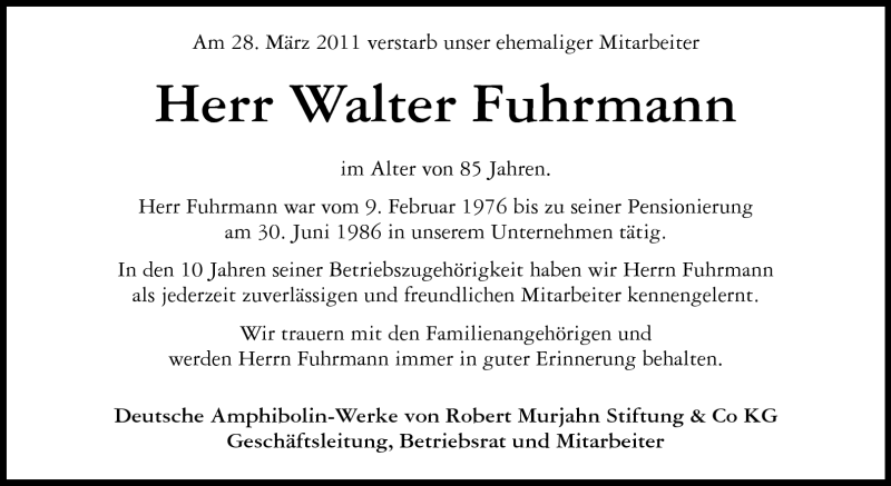  Traueranzeige für Walter Fuhrmann vom 02.04.2011 aus Echo-Zeitungen (Gesamtausgabe)