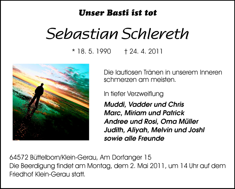  Traueranzeige für Sebastian Schlereth vom 30.04.2011 aus Rüsselsheimer Echo, Groß-Gerauer-Echo, Ried Echo