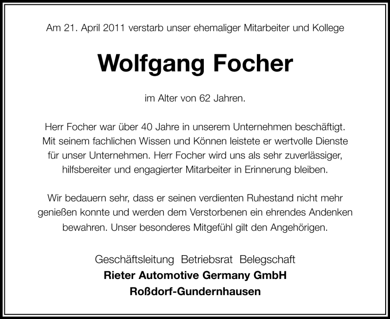  Traueranzeige für Wolfgang Focher vom 30.04.2011 aus Echo-Zeitungen (Gesamtausgabe)