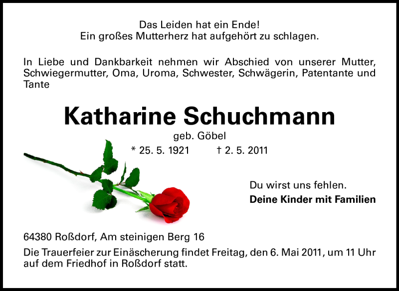  Traueranzeige für Katherine Schuchmann vom 04.05.2011 aus Echo-Zeitungen (Gesamtausgabe)