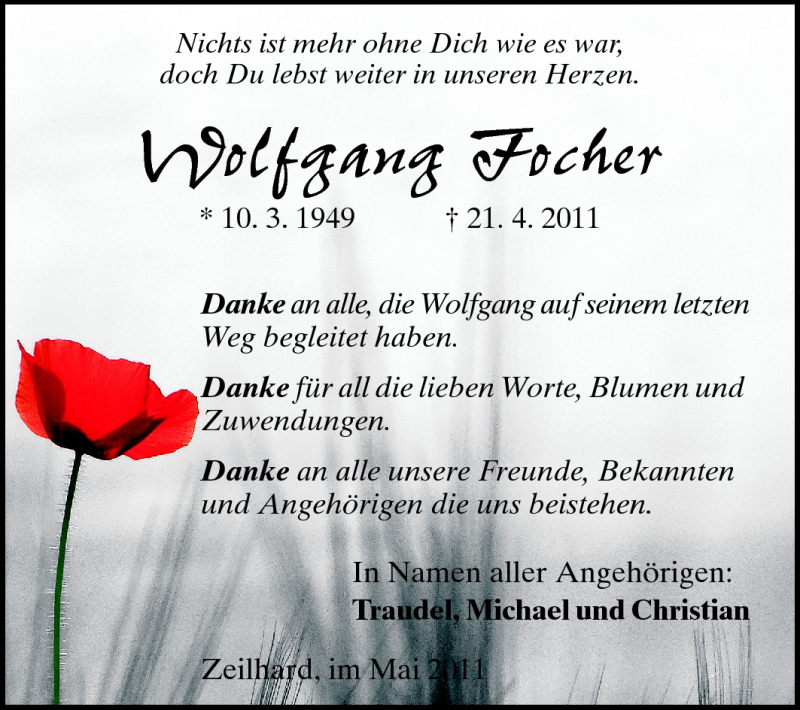  Traueranzeige für Wolfgang Focher vom 12.05.2011 aus Echo-Zeitungen (Gesamtausgabe)