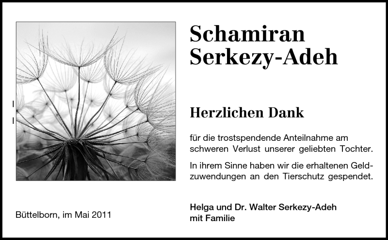  Traueranzeige für Shamiran Serkezy-Adeh vom 31.05.2011 aus Darmstädter Echo, Odenwälder Echo, Rüsselsheimer Echo, Groß-Gerauer-Echo, Ried Echo