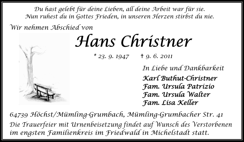  Traueranzeige für Hans Christner vom 14.06.2011 aus Odenwälder Echo