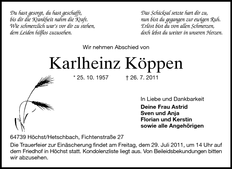  Traueranzeige für Karlheinz Köppen vom 27.07.2011 aus Odenwälder Echo