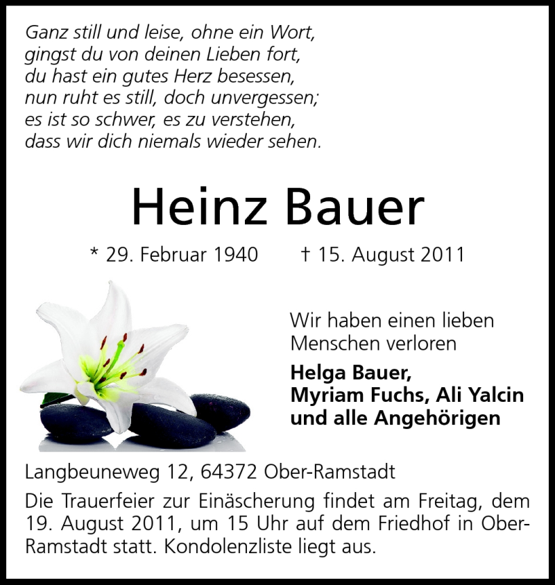  Traueranzeige für Heinz Bauer vom 18.08.2011 aus Echo-Zeitungen (Gesamtausgabe)