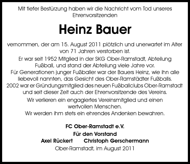  Traueranzeige für Heinz Bauer vom 18.08.2011 aus Echo-Zeitungen (Gesamtausgabe)