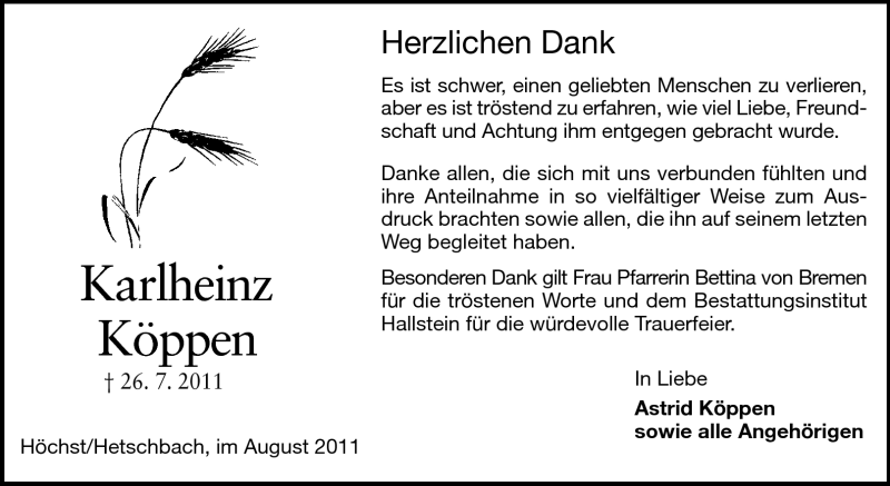  Traueranzeige für Karlheinz Köppen vom 19.08.2011 aus Odenwälder Echo