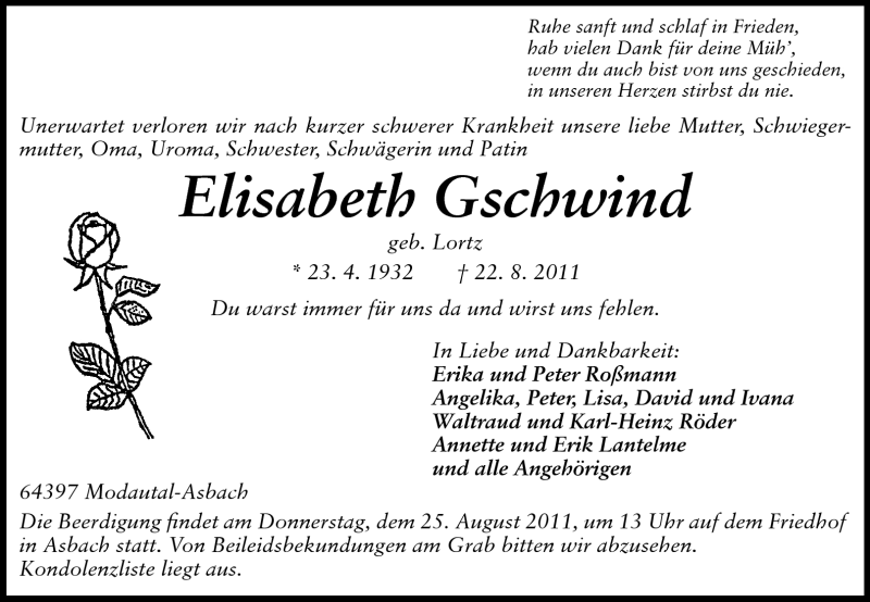  Traueranzeige für Elisabeth Gschwind vom 23.08.2011 aus Echo-Zeitungen (Gesamtausgabe)