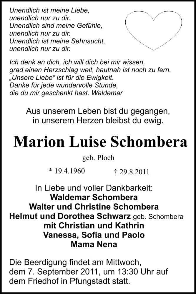  Traueranzeige für Marion Schombera vom 03.09.2011 aus Echo-Zeitungen (Gesamtausgabe)