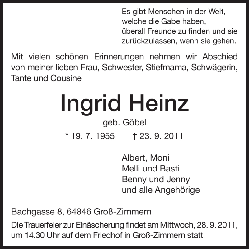  Traueranzeige für Ingrid Heinz vom 26.09.2011 aus Echo-Zeitungen (Gesamtausgabe)
