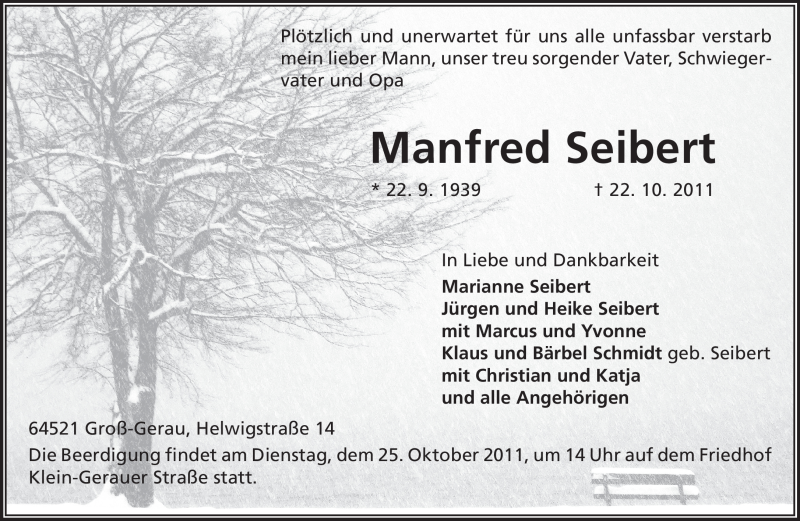  Traueranzeige für Manfred Seibert vom 24.10.2011 aus Rüsselsheimer Echo, Groß-Gerauer-Echo, Ried Echo