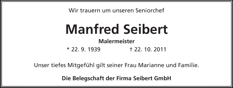  Traueranzeige für Manfred Seibert vom 24.10.2011 aus Rüsselsheimer Echo, Groß-Gerauer-Echo, Ried Echo