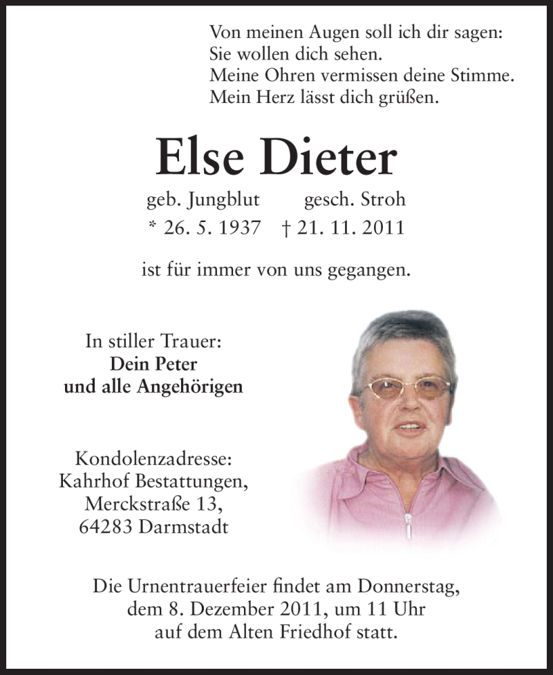  Traueranzeige für Else Dieter vom 03.12.2011 aus Echo-Zeitungen (Gesamtausgabe)