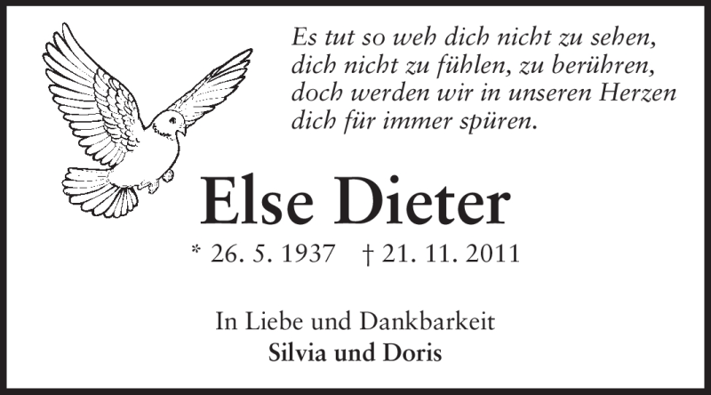  Traueranzeige für Else Dieter vom 03.12.2011 aus Echo-Zeitungen (Gesamtausgabe)