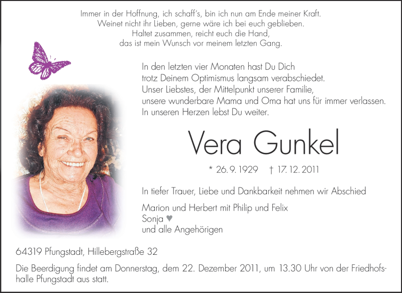  Traueranzeige für Vera Gunkel vom 20.12.2011 aus Echo-Zeitungen (Gesamtausgabe)