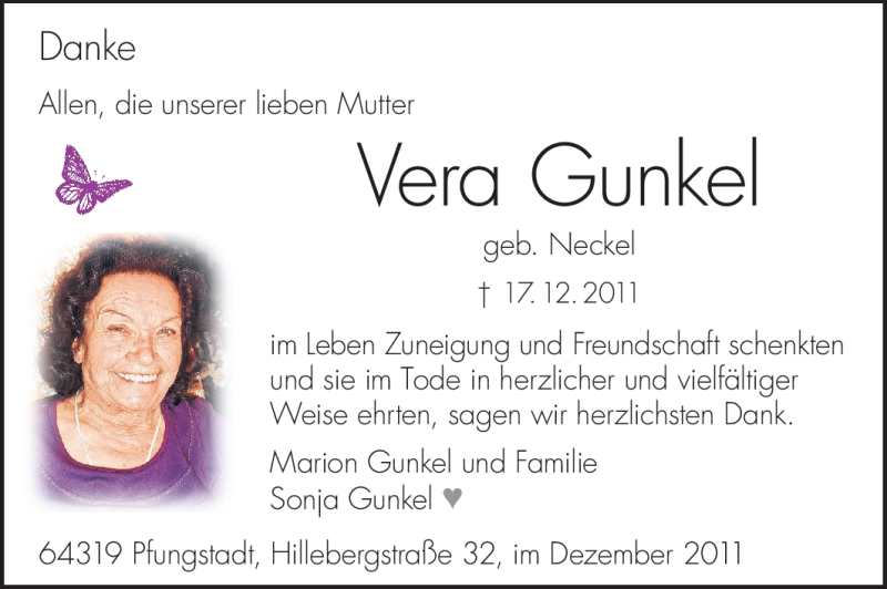  Traueranzeige für Vera Gunkel vom 31.12.2011 aus Echo-Zeitungen (Gesamtausgabe)