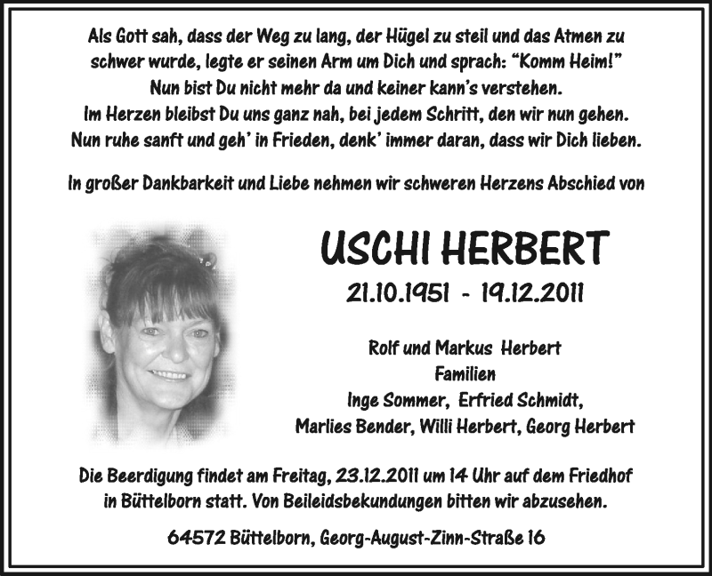  Traueranzeige für Uschi Herbert vom 22.12.2011 aus Rüsselsheimer Echo, Groß-Gerauer-Echo, Ried Echo