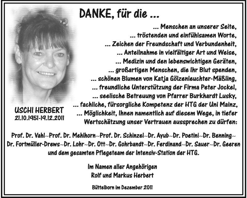  Traueranzeige für Uschi Herbert vom 31.12.2011 aus Rüsselsheimer Echo, Groß-Gerauer-Echo, Ried Echo