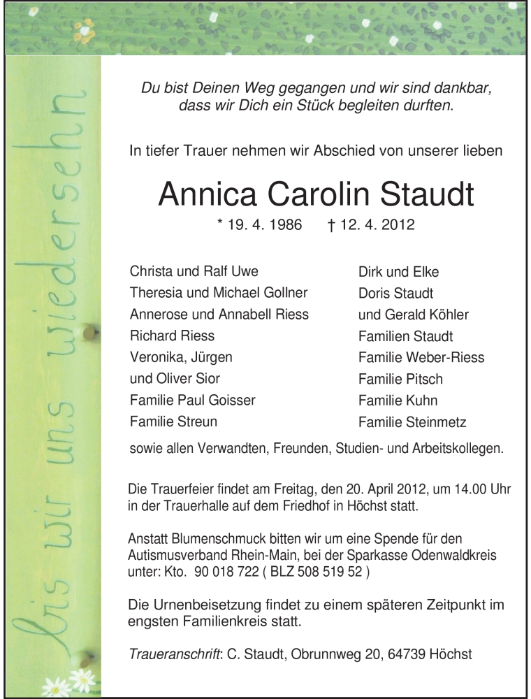  Traueranzeige für Annica Carolin Staudt vom 18.04.2012 aus Odenwälder Echo