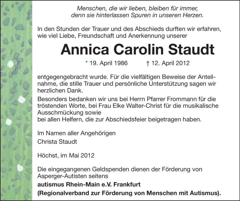  Traueranzeige für Annica Carolin Staudt vom 12.05.2012 aus Odenwälder Echo