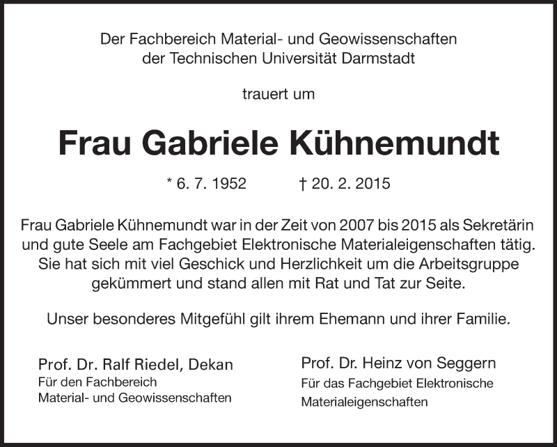  Traueranzeige für Gabriele Kühnemundt vom 28.02.2015 aus Echo-Zeitungen (Gesamtausgabe)