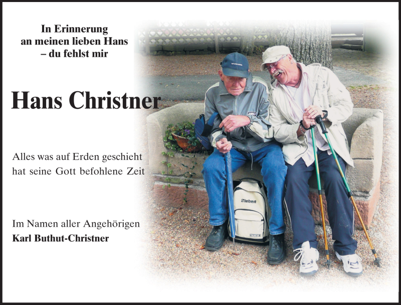  Traueranzeige für Hans Christner vom 01.06.2012 aus Odenwälder Echo