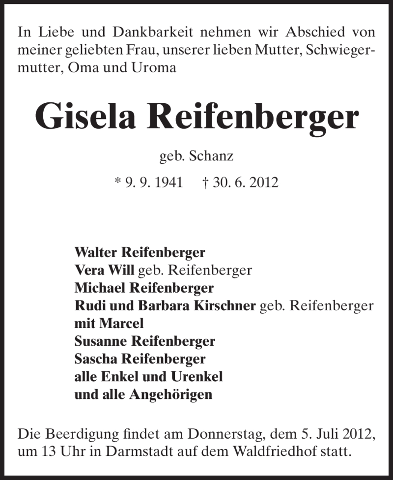  Traueranzeige für Gisela Reifenberger vom 03.07.2012 aus Darmstädter Echo, Odenwälder Echo, Rüsselsheimer Echo, Groß-Gerauer-Echo, Ried Echo