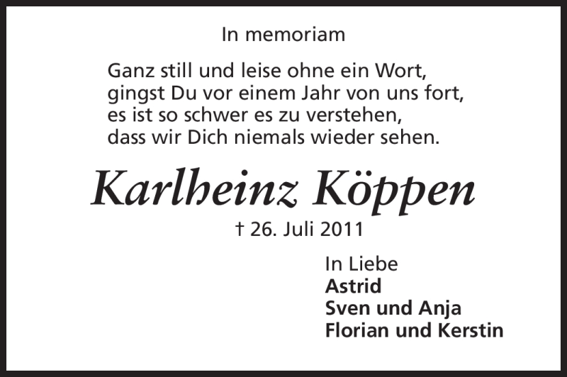  Traueranzeige für Karlheinz Köppen vom 26.07.2012 aus Odenwälder Echo