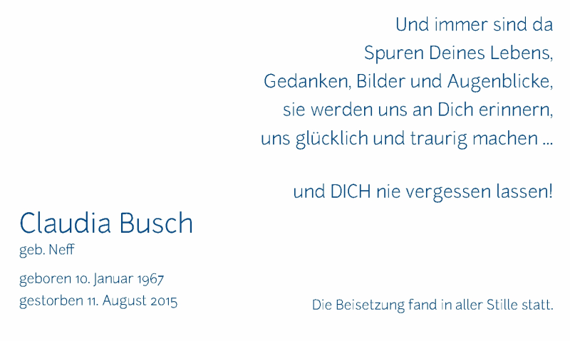  Traueranzeige für Claudia Busch vom 29.08.2015 aus trauer.echo-online.de