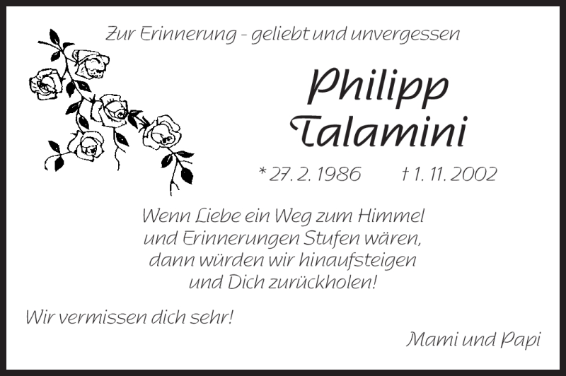  Traueranzeige für Philipp Talamini vom 01.11.2012 aus Starkenburger Echo