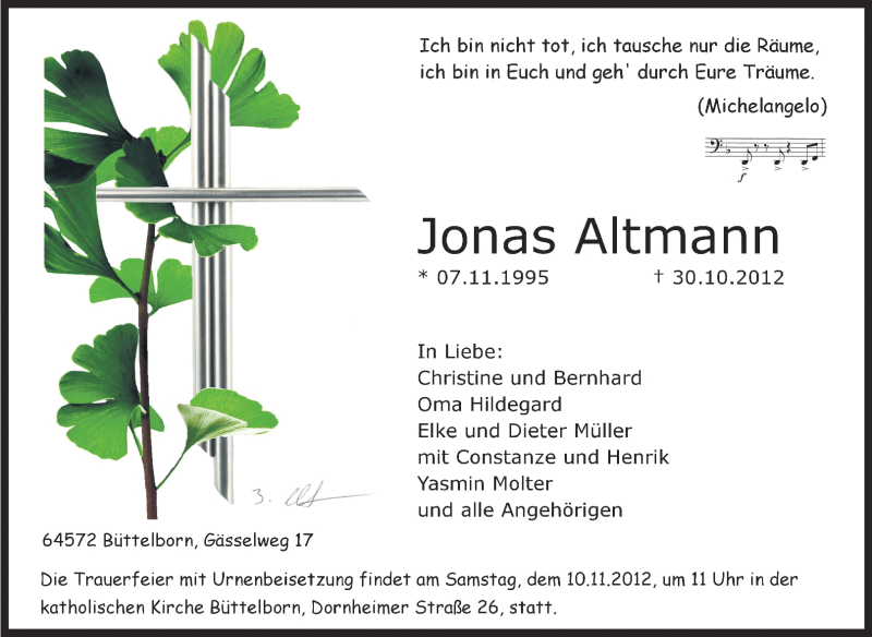  Traueranzeige für Jonas Altmann vom 07.11.2012 aus Rüsselsheimer Echo, Groß-Gerauer-Echo, Ried Echo