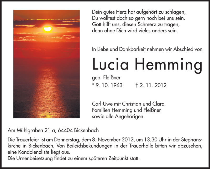  Traueranzeige für Lucia Hemming vom 06.11.2012 aus Echo-Zeitungen (Gesamtausgabe)