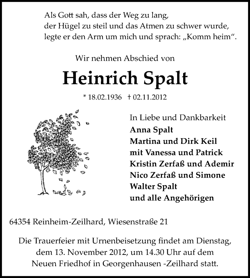  Traueranzeige für Heinz Spalt vom 10.11.2012 aus Echo-Zeitungen (Gesamtausgabe)