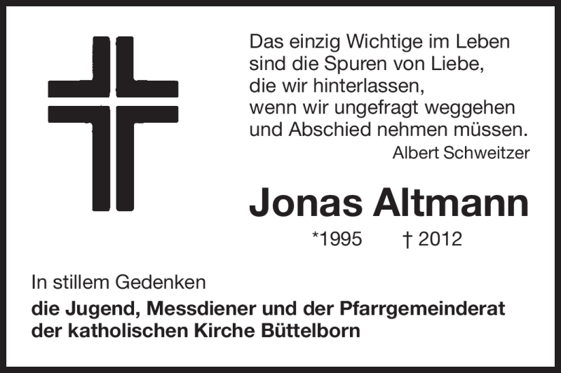  Traueranzeige für Jonas Altmann vom 07.11.2012 aus Echo-Zeitungen (Gesamtausgabe)